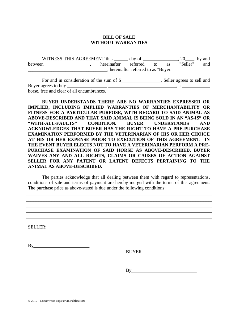 Bill of Sale for Conveyance of Horse - Horse Equine Forms - New Jersey Preview on Page 1.
