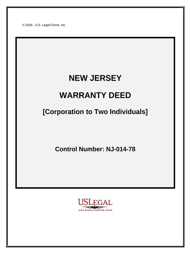 Warranty Deed from Corporation to Two Individuals - New Jersey Preview on Page 1.