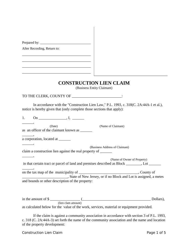 Construction Lien Claim - Mechanic Liens - Business Entity - New Jersey Preview on Page 1