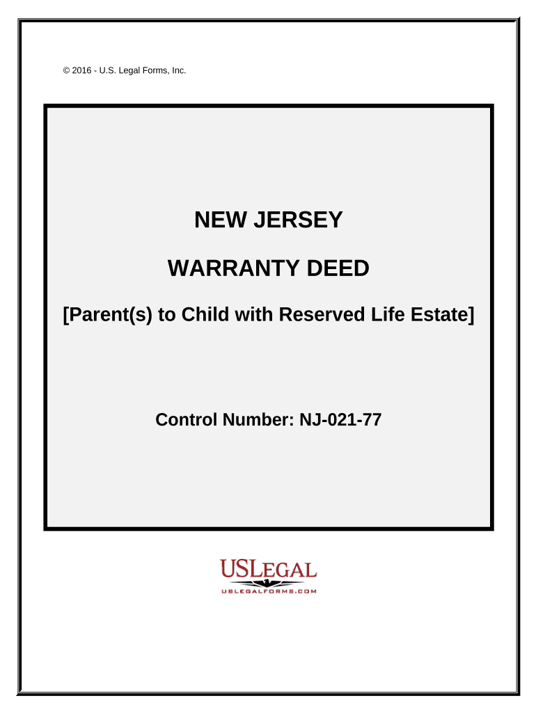 Warranty Deed to Child Reserving a Life Estate in the Parents - New Jersey Preview on Page 1.