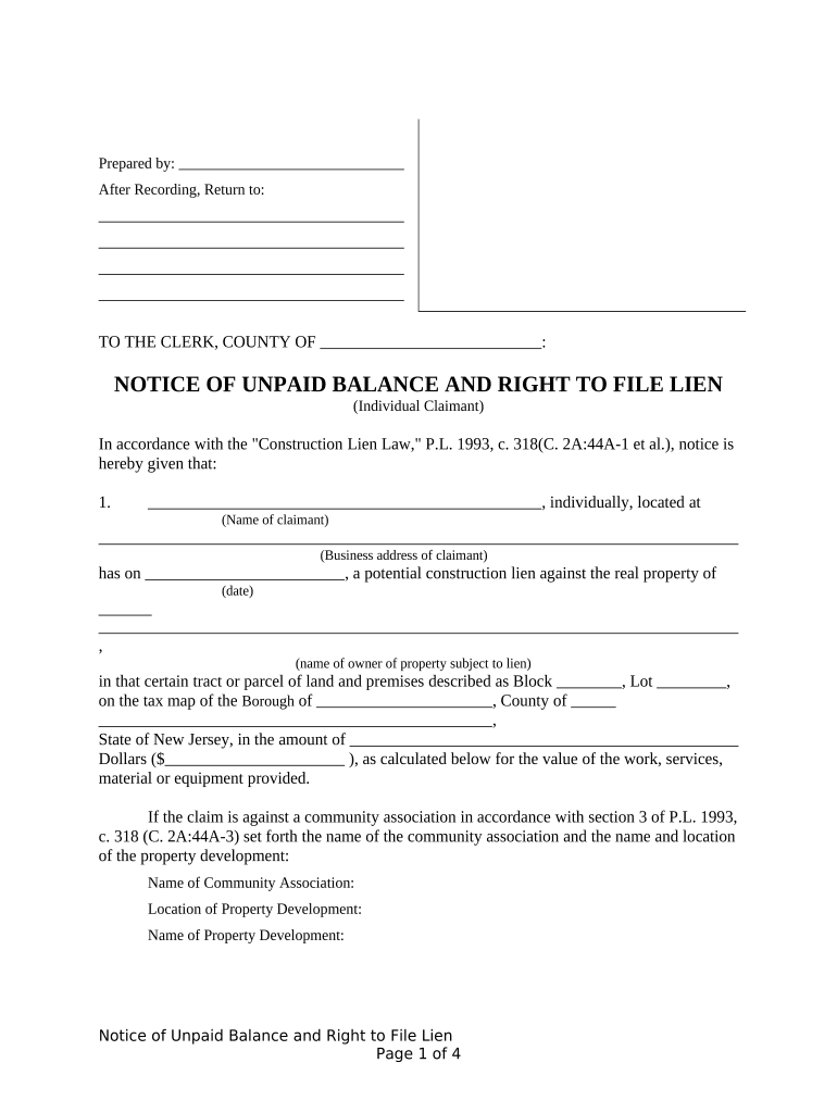 notice of unpaid balance and right to file lien nj Preview on Page 1