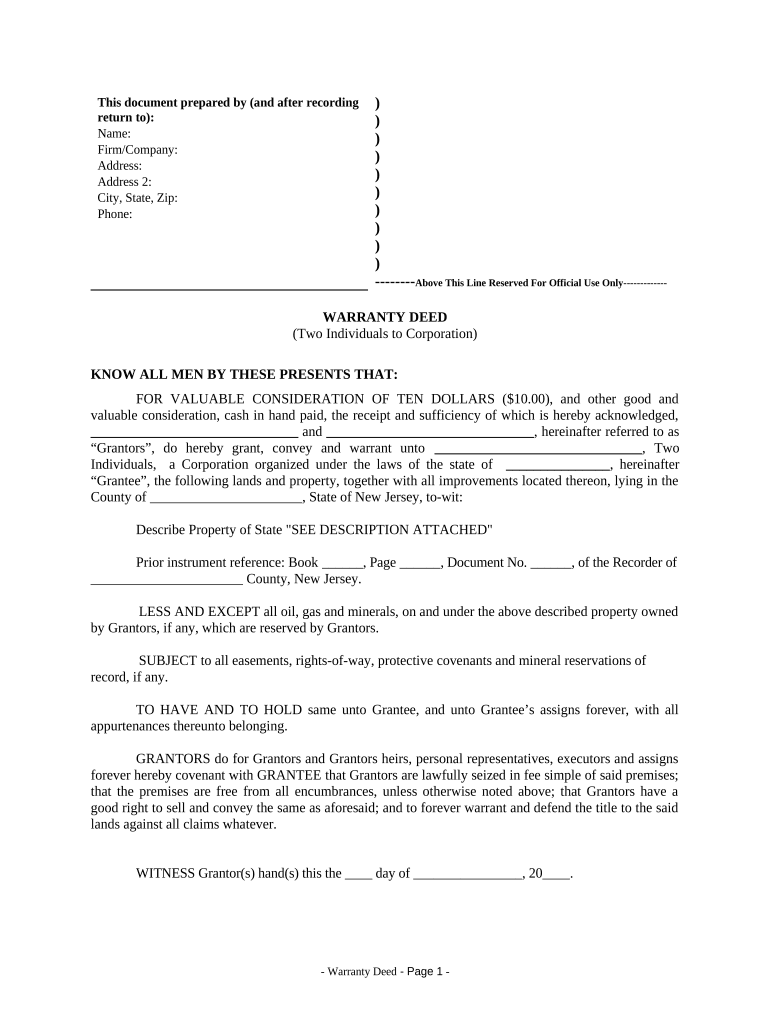 Warranty Deed from two Individuals to Corporation - New Jersey Preview on Page 1