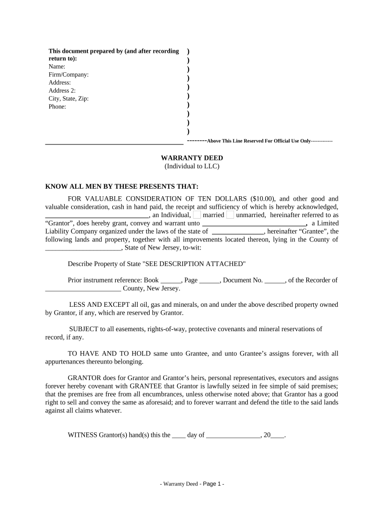 Warranty Deed from Individual to LLC - New Jersey Preview on Page 1