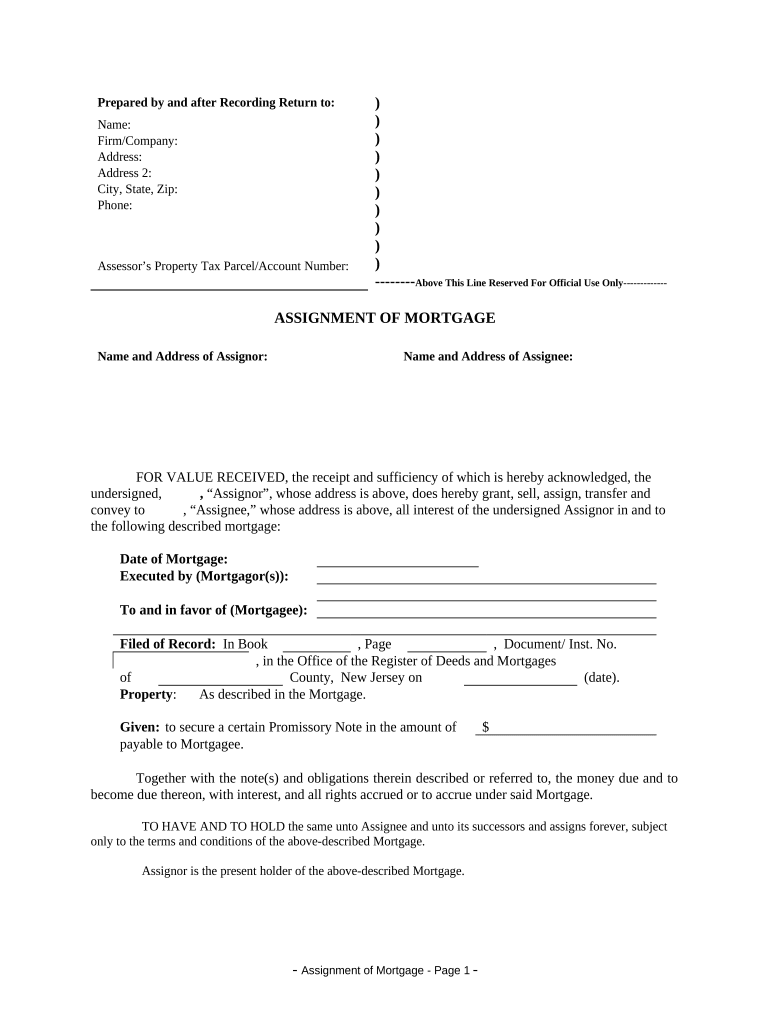 Assignment of Mortgage by Corporate Mortgage Holder - New Jersey Preview on Page 1