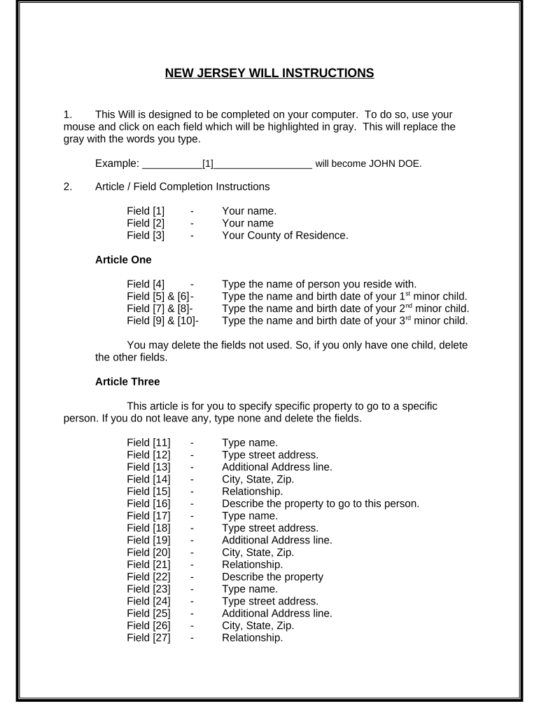 Mutual Wills or Last Will and Testaments for Unmarried Persons living together with Minor Children - New Jersey Preview on Page 1