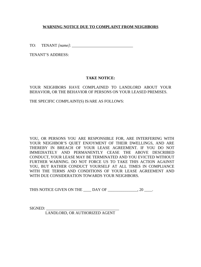 Warning Notice Due to Complaint from Neighbors - New Jersey Preview on Page 1