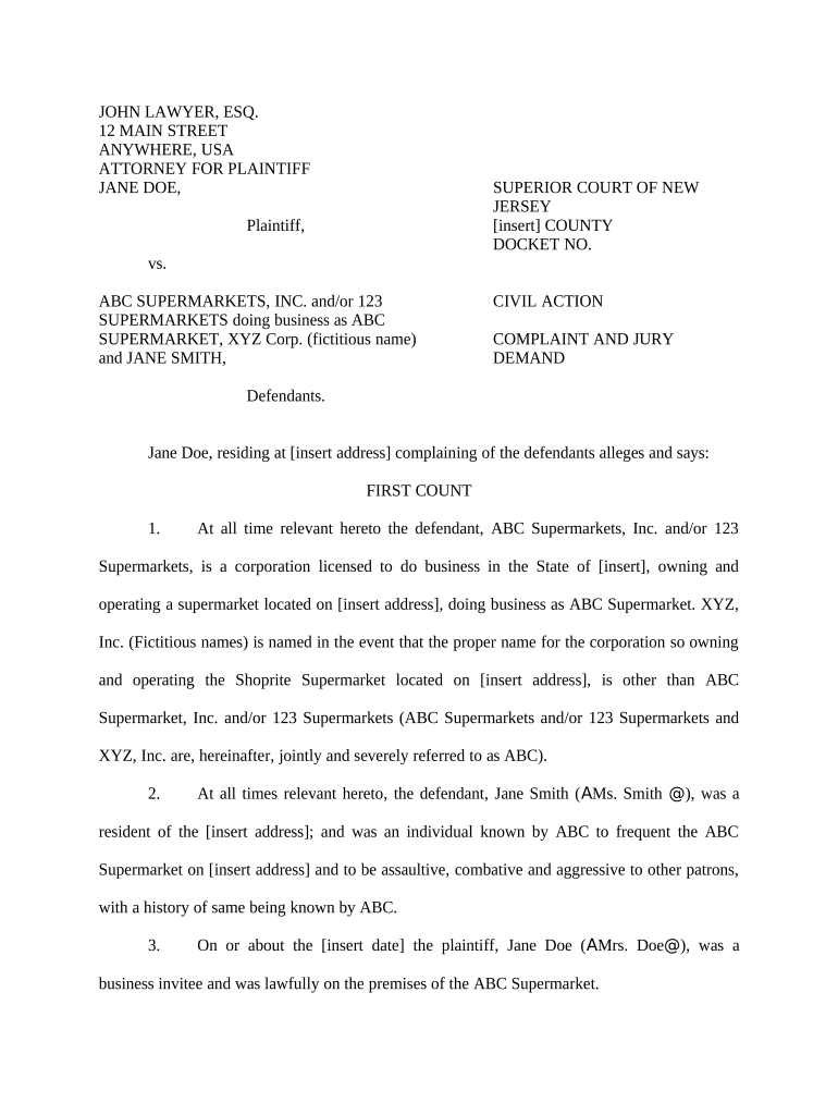 new jersey complaint personal injuries Preview on Page 1