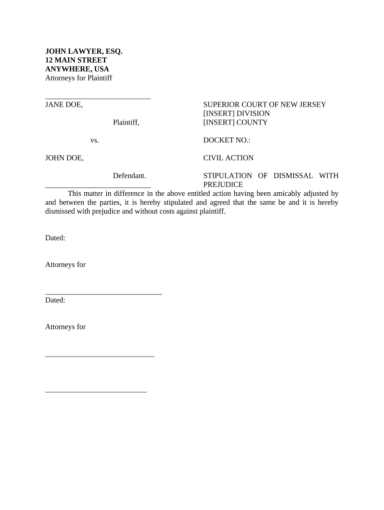 Nj Stipulation Dismissal Doc Template PdfFiller