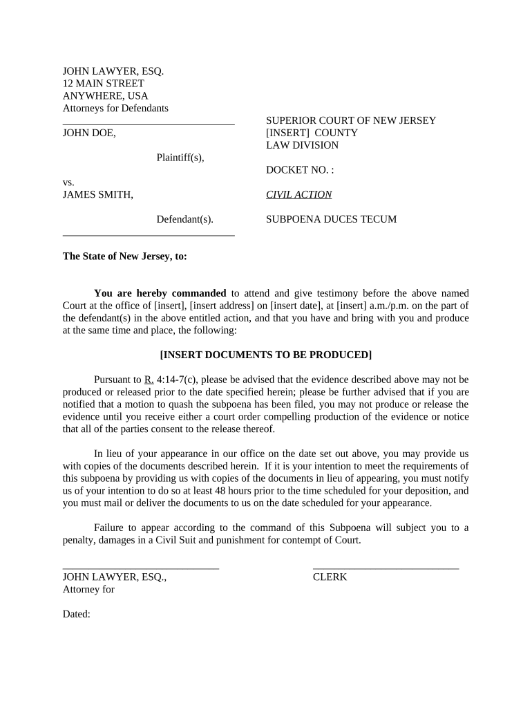 Nj Subpoena Documents Doc Template PdfFiller