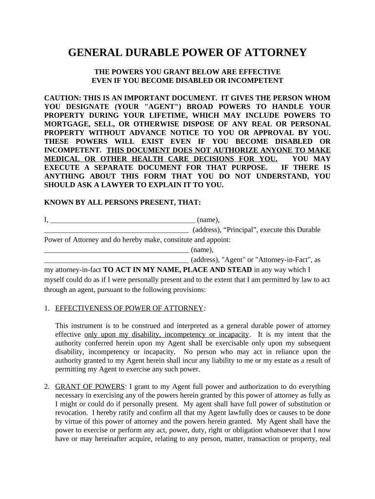 General Durable Power of Attorney for Property and Finances or Financial Effective upon Disability - New Jersey Preview on Page 1