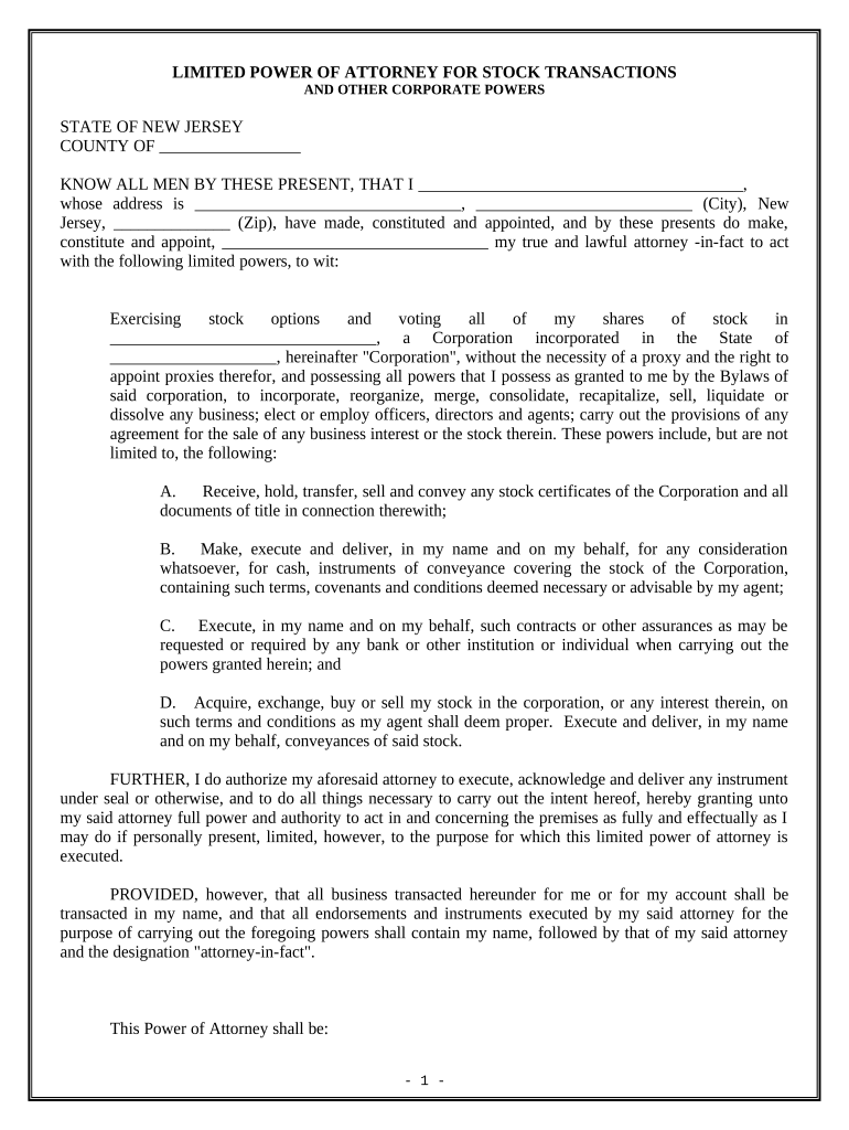 Limited Power of Attorney for Stock Transactions and Corporate Powers - New Jersey Preview on Page 1