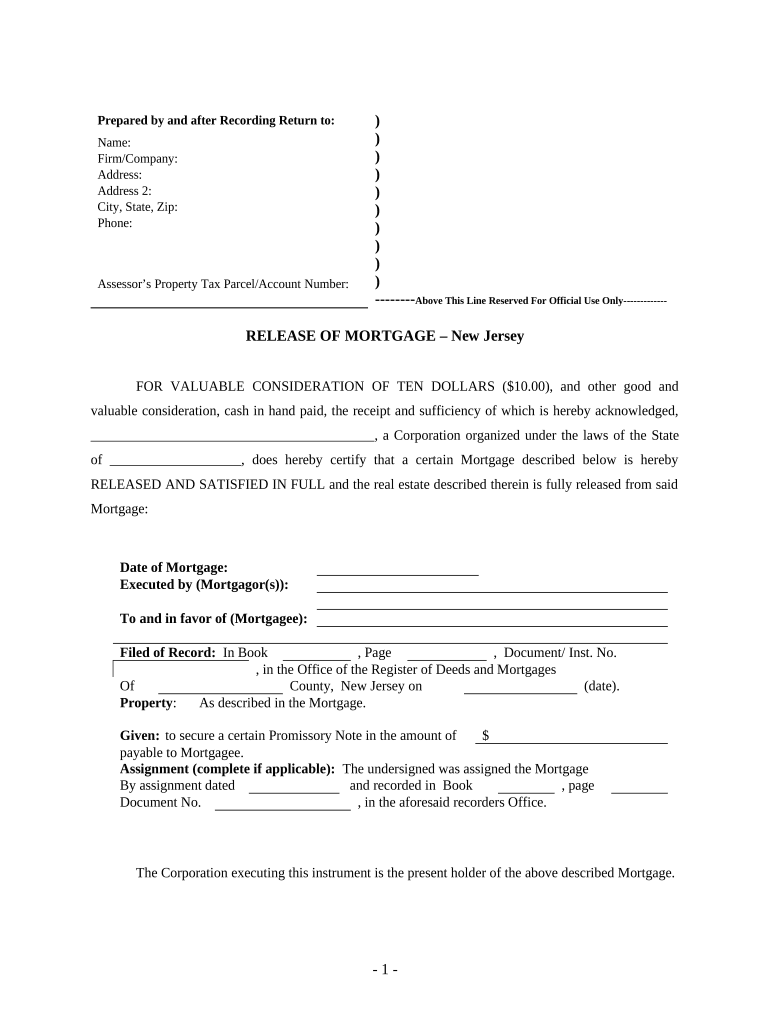 Satisfaction - Cancellation - Release of Mortgage - by Corporate Lender - New Jersey Preview on Page 1