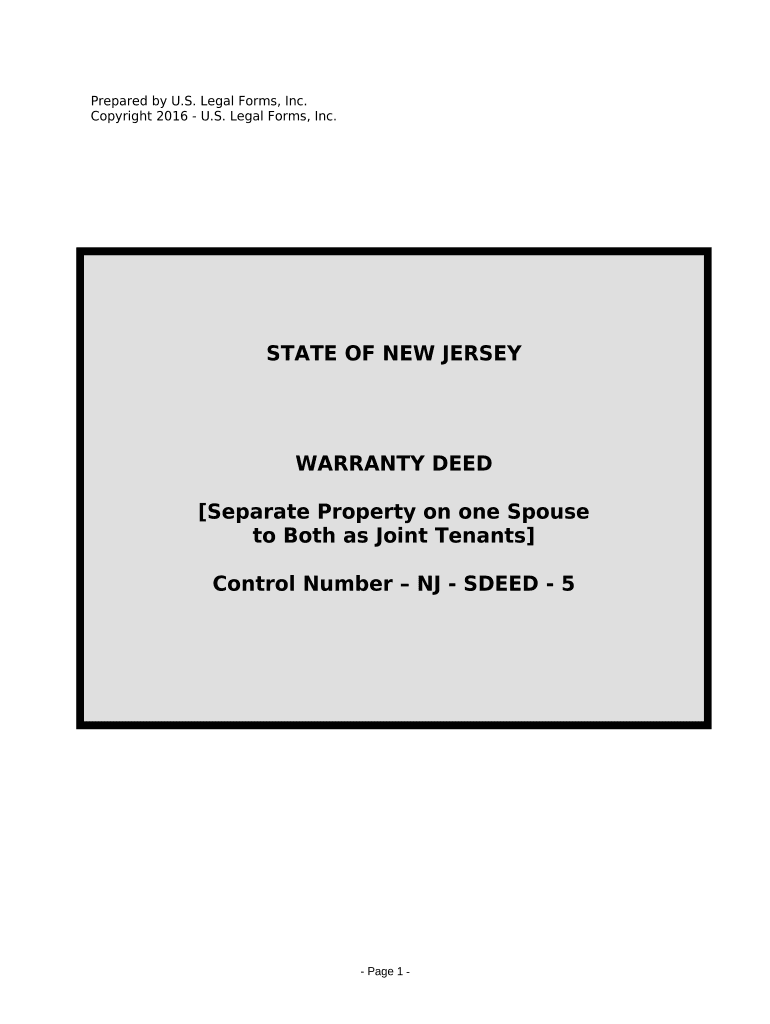 Warranty Deed to Separate Property of One Spouse to Both Spouses as Joint Tenants - New Jersey Preview on Page 1.