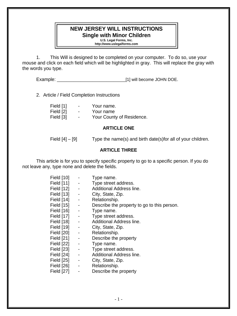 Legal Last Will and Testament Form for a Single Person with Minor Children - New Jersey Preview on Page 1
