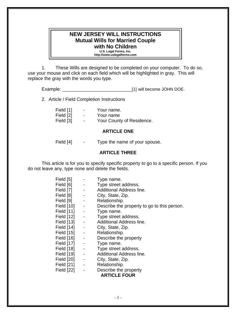 Mutual Wills package with Last Wills and Testaments for Married Couple with No Children - New Jersey Preview on Page 1