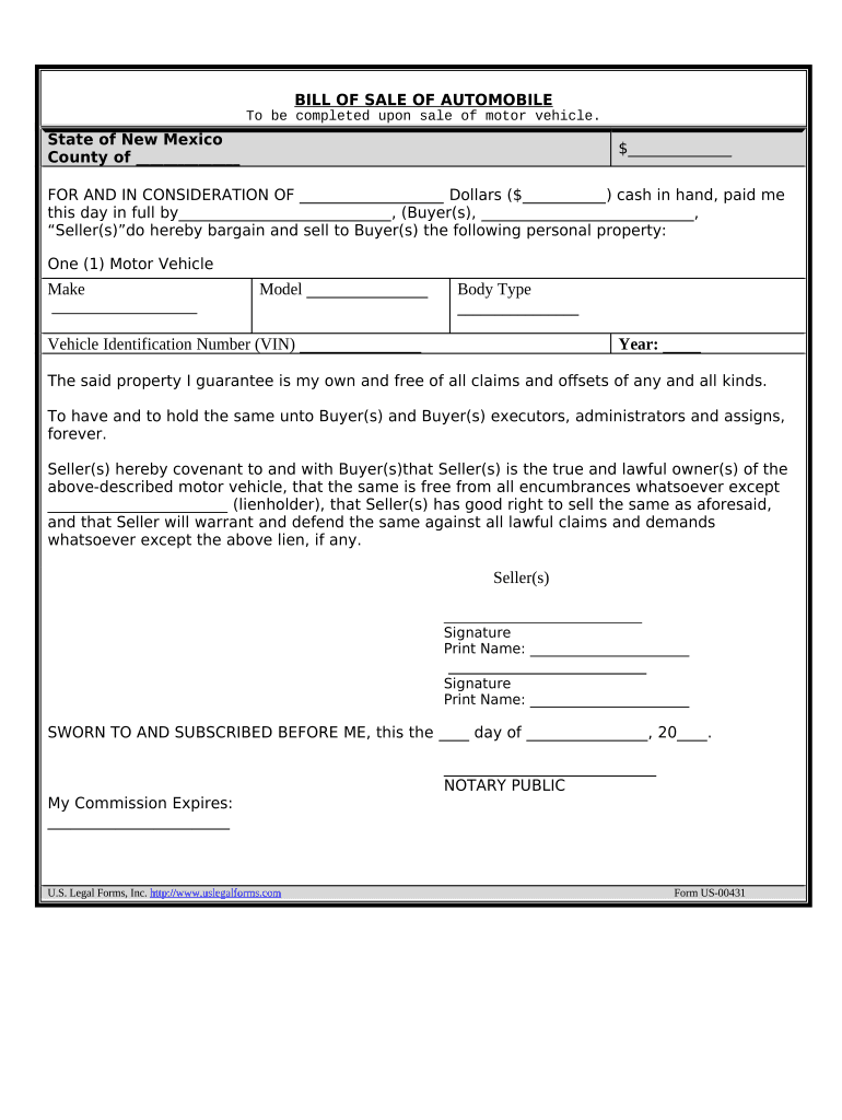 Bill of Sale of Automobile and Odometer Statement - New Mexico Preview on Page 1