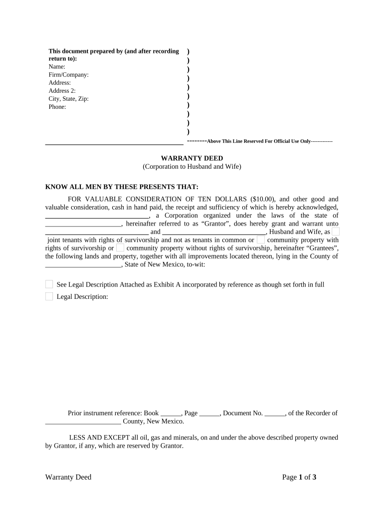 Warranty Deed from Corporation to Husband and Wife - New Mexico Preview on Page 1