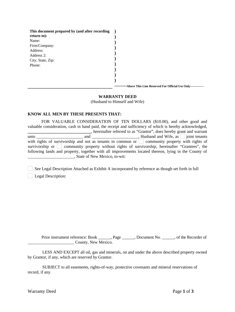 Warranty Deed from Husband to Himself and Wife - New Mexico Preview on Page 1