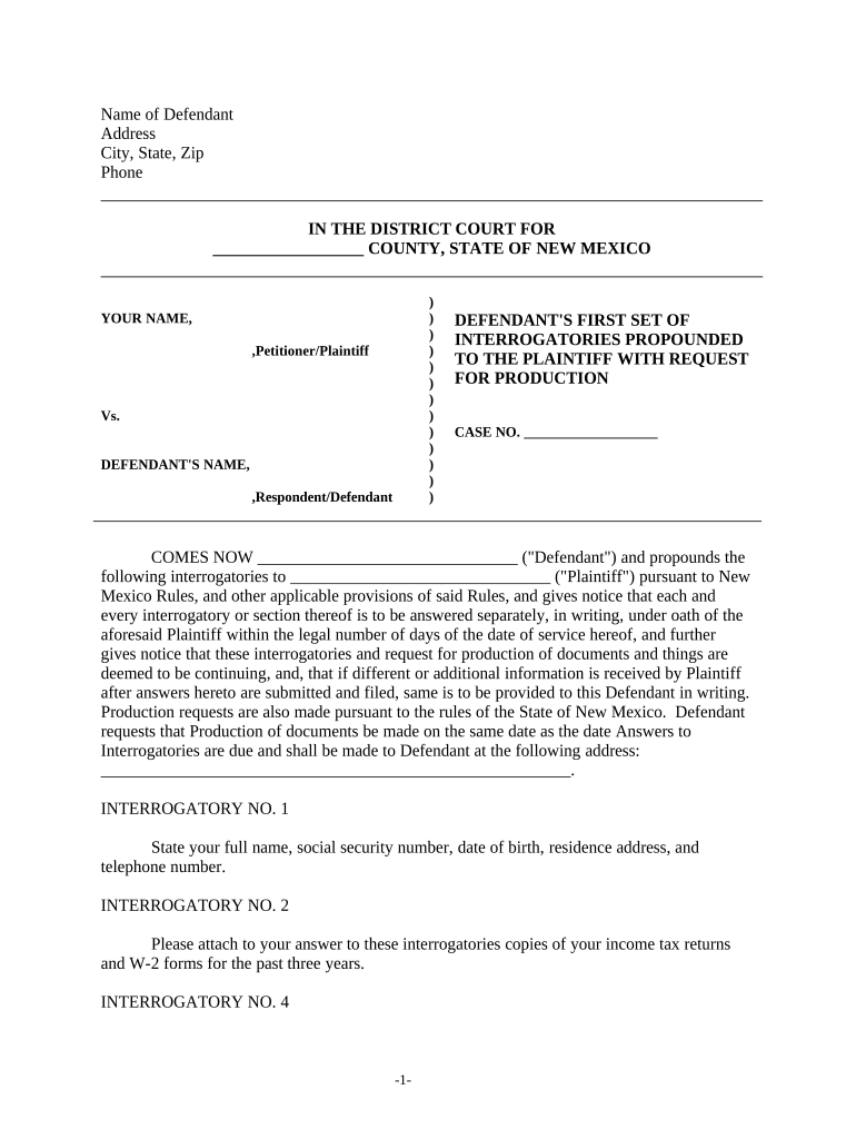 Discovery Interrogatories from Defendant to Plaintiff with Production Requests - New Mexico Preview on Page 1