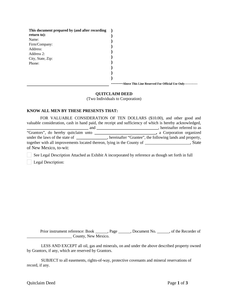 Quitclaim Deed by Two Individuals to Corporation - New Mexico Preview on Page 1