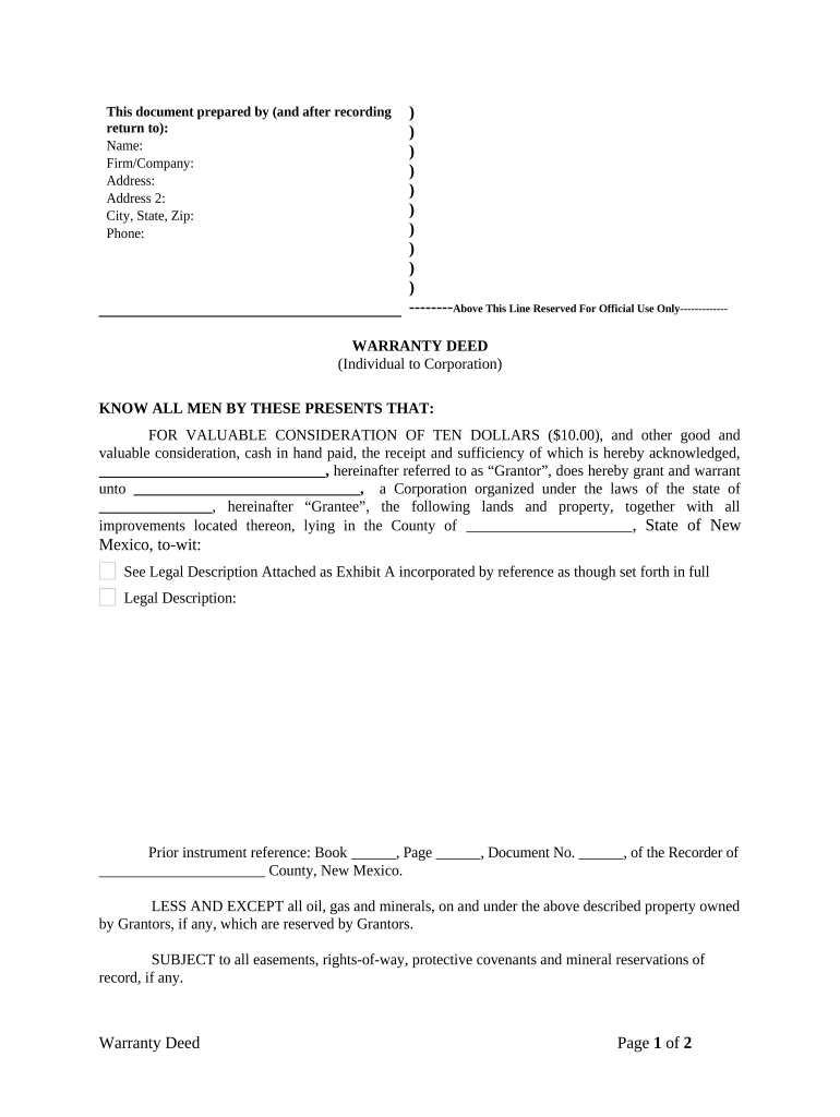 Warranty Deed from Individual to Corporation - New Mexico Preview on Page 1.