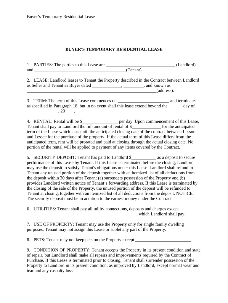 Temporary Lease Agreement to Prospective Buyer of Residence prior to Closing - New Mexico Preview on Page 1