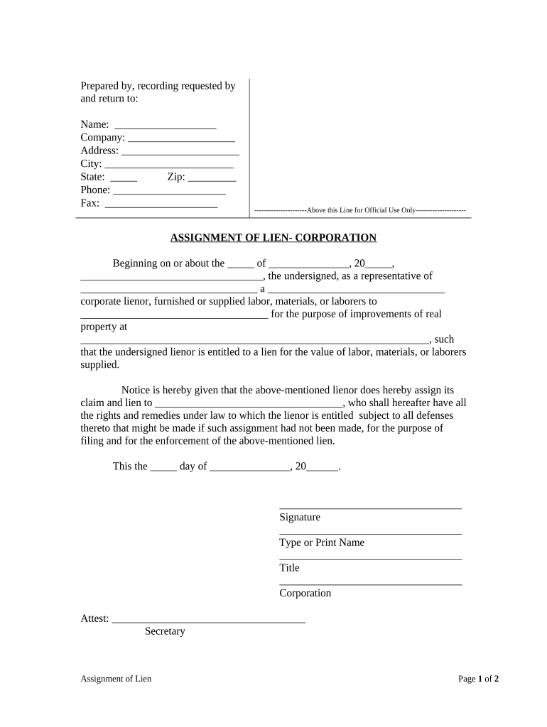 Assignment of Lien - Corporation or LLC - New Mexico Preview on Page 1