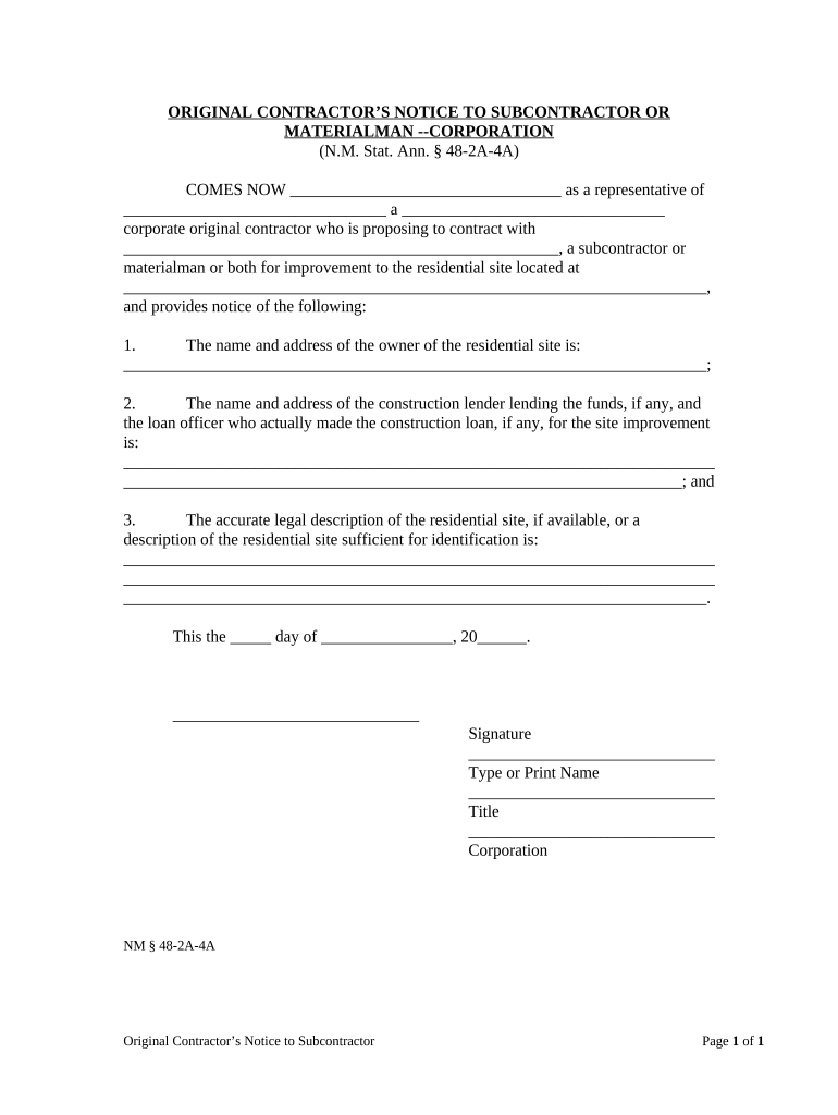 Original Contractor&#039;s Notice to Subcontractor or Materialman - Corporation or LLC - New Mexico Preview on Page 1.