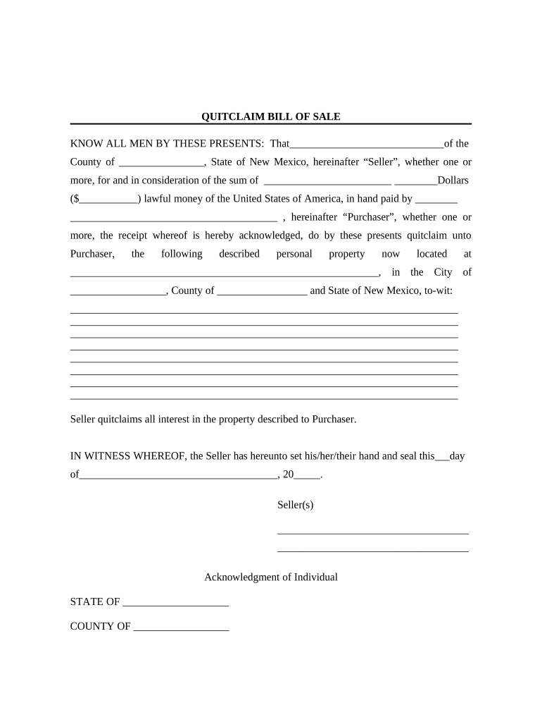 Bill of Sale without Warranty by Individual Seller - New Mexico Preview on Page 1