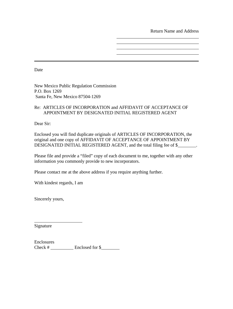 Sample Transmittal Letter to Secretary of State's Office to File Articles of Incorporation - New Mexico - New Mexico Preview on Page 1