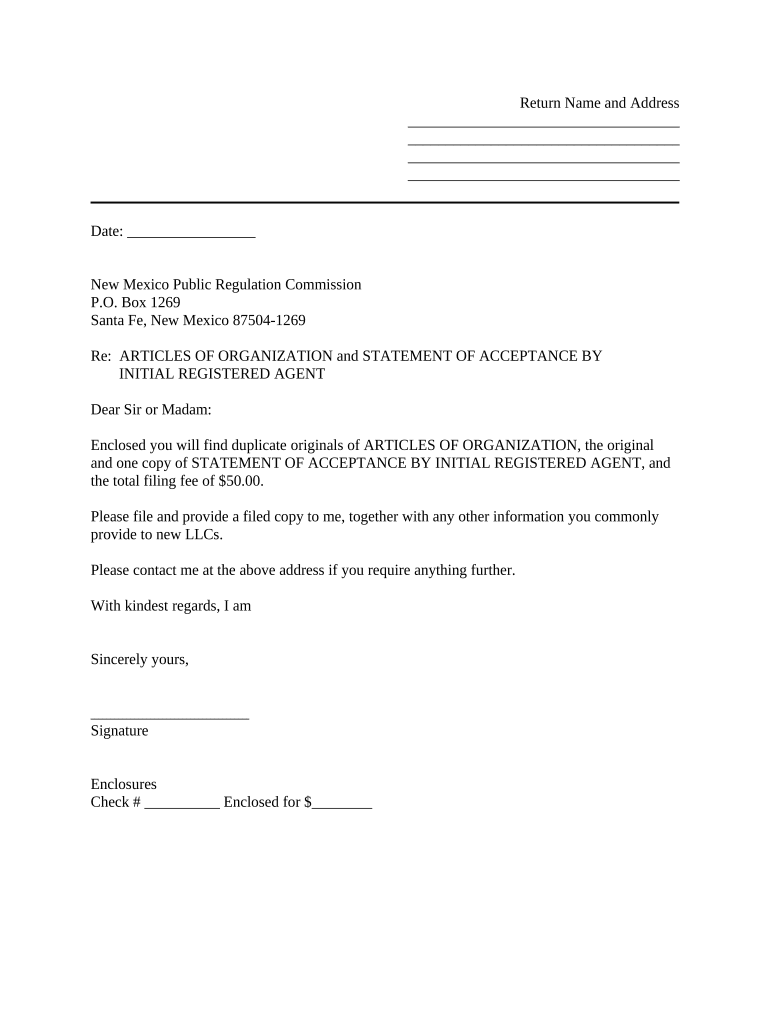 Sample Cover Letter for Filing of LLC Articles or Certificate with Secretary of State - New Mexico Preview on Page 1