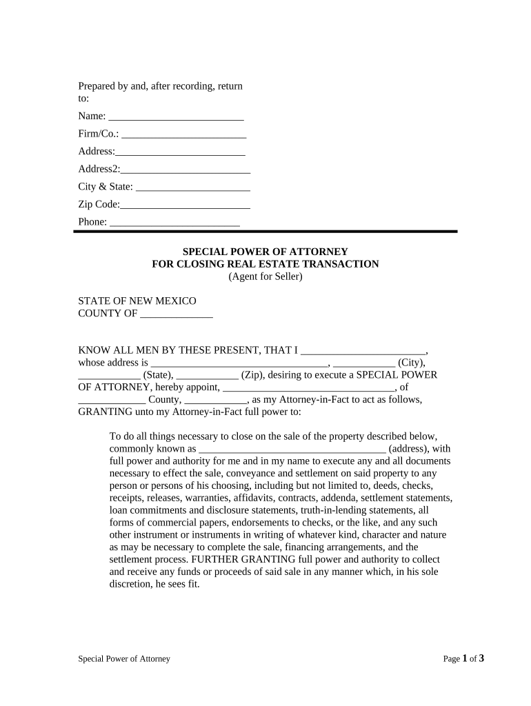 Special or Limited Power of Attorney for Real Estate Sales Transaction By Seller - New Mexico Preview on Page 1