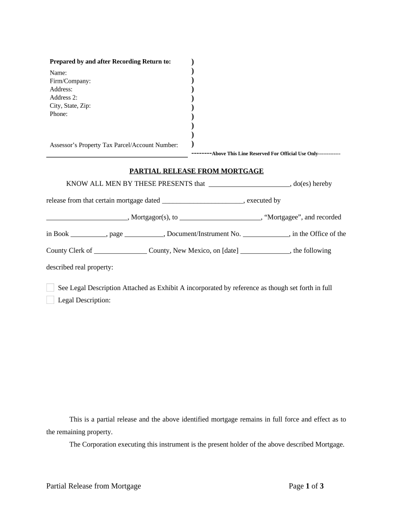 Partial Release of Property From Mortgage for Corporation - New Mexico Preview on Page 1