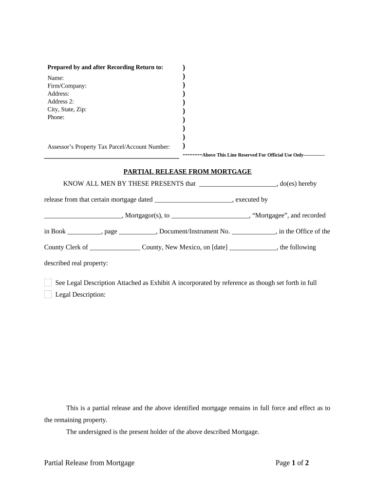 Partial Release of Property From Mortgage by Individual Holder - New Mexico Preview on Page 1