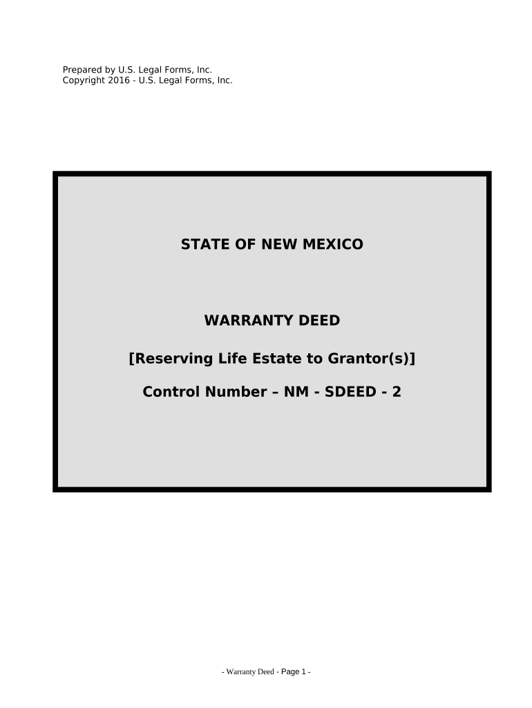 Warranty Deed for Parents to Child with Reservation of Life Estate - New Mexico Preview on Page 1.