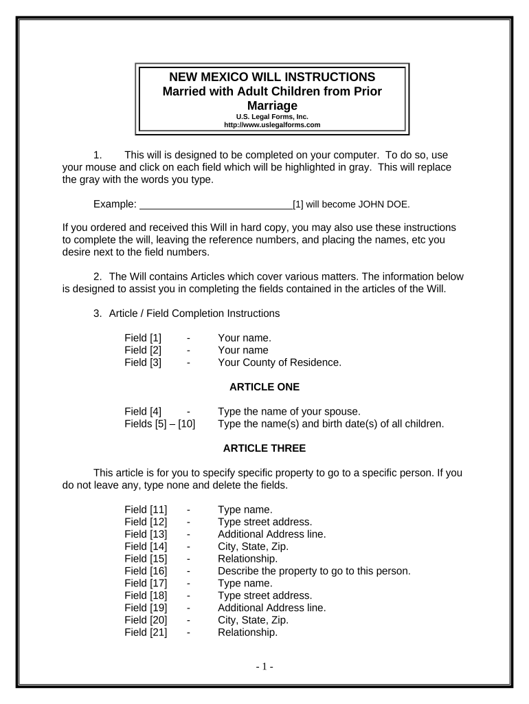 Legal Last Will and Testament Form for Married person with Adult Children from Prior Marriage - New Mexico Preview on Page 1