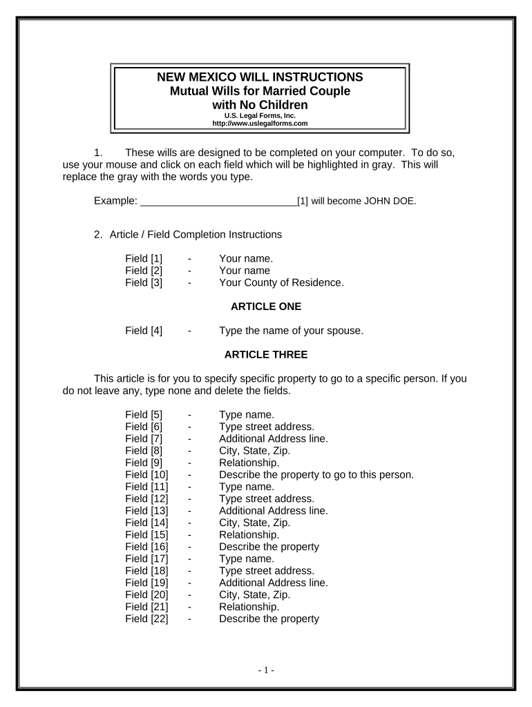 Mutual Wills package with Last Wills and Testaments for Married Couple with No Children - New Mexico Preview on Page 1