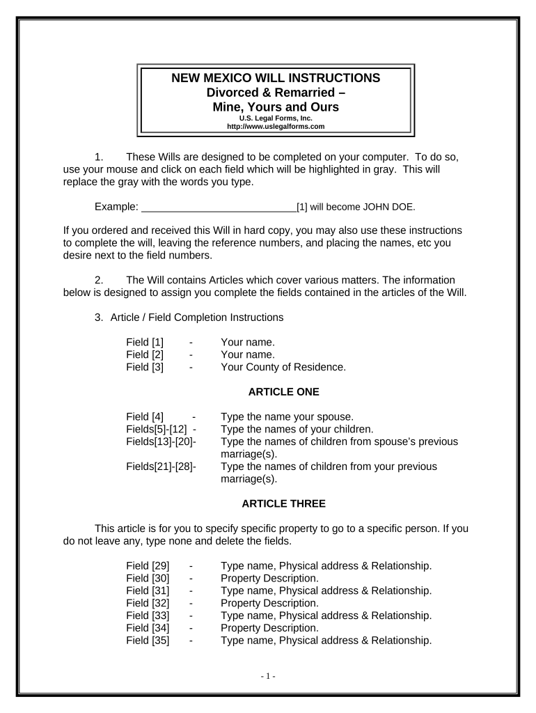 Legal Last Will and Testament Form for Divorced and Remarried Person with Mine, Yours and Ours Children - New Mexico Preview on Page 1