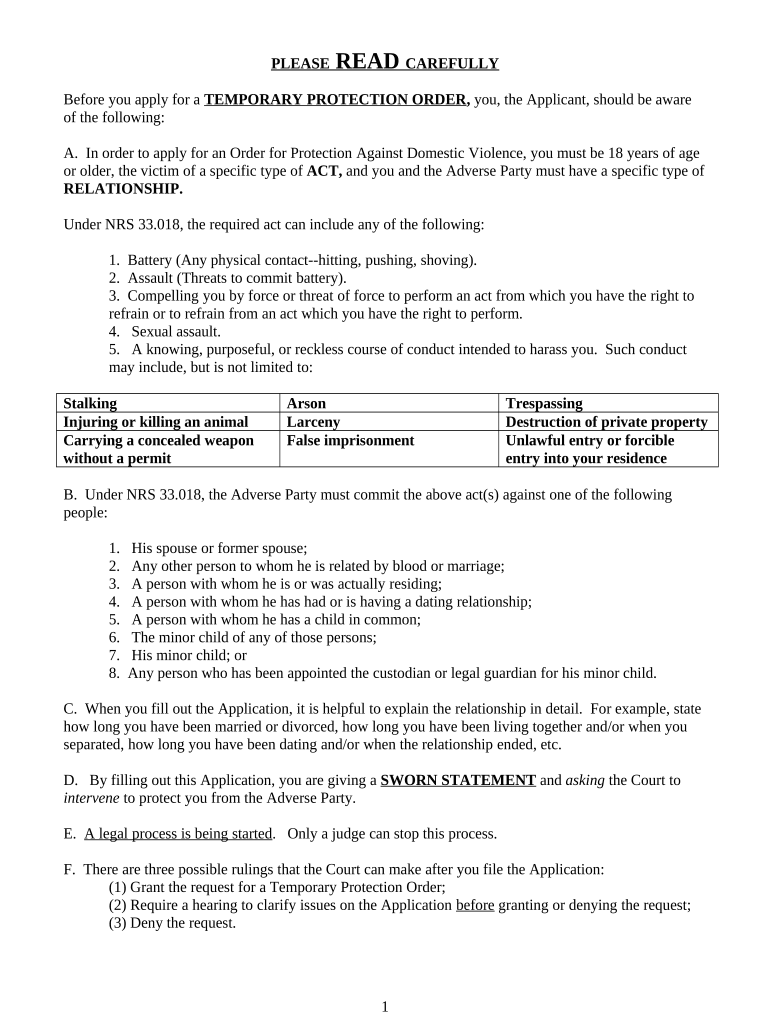 Instructions for Order for Protection Against Domestic Violence - Nevada Preview on Page 1.