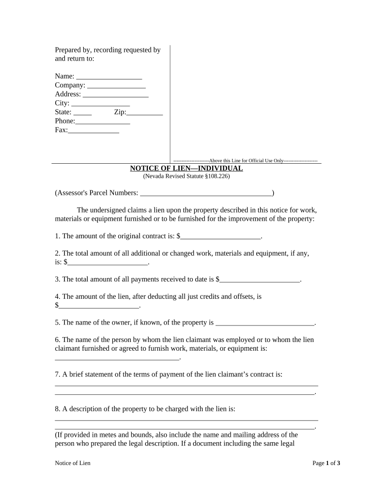 notice of right to lien nevada Preview on Page 1.