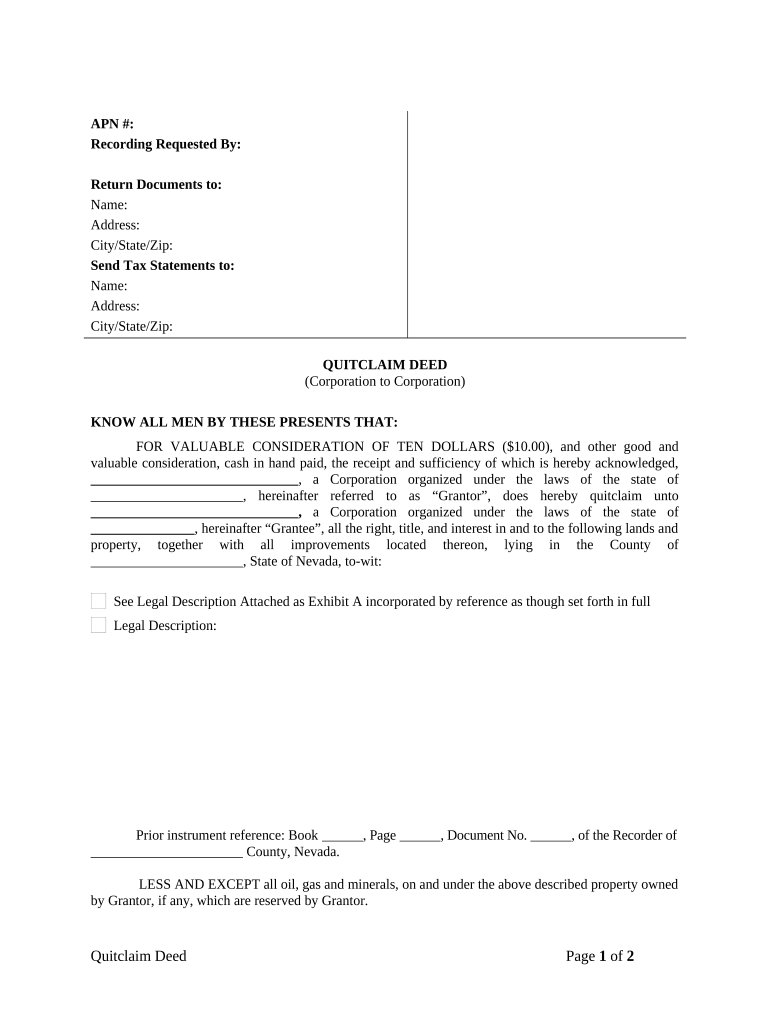 Quitclaim Deed from Corporation to Corporation - Nevada Preview on Page 1