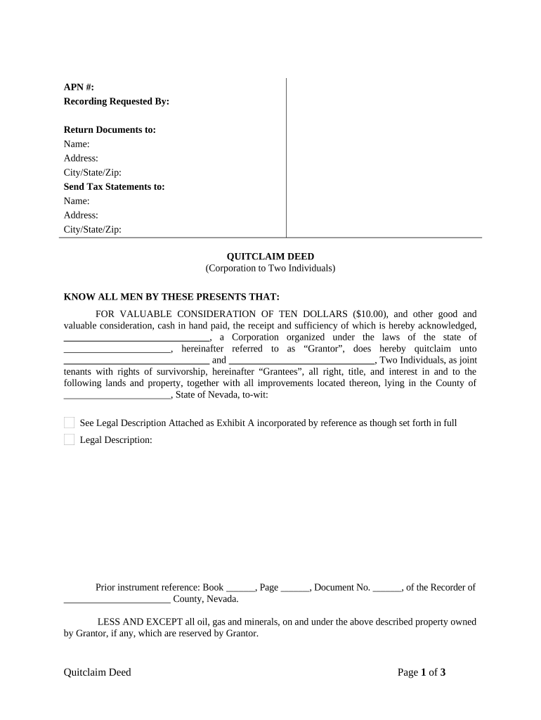 Quitclaim Deed from Corporation to Two Individuals - Nevada Preview on Page 1