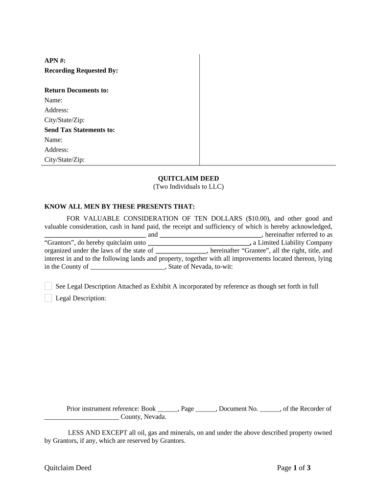 Quitclaim Deed by Two Individuals to LLC - Nevada Preview on Page 1