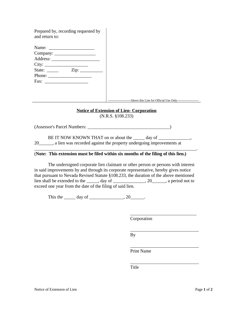 Notice of Extension of Lien - Corporation or LLC - Nevada Preview on Page 1.