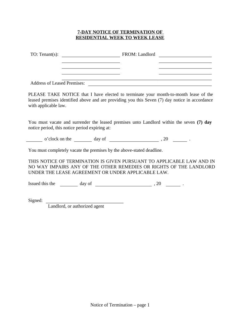 7 Day Notice to Terminate Week to Week Lease - Residential from Landlord to Tenant - Nevada Preview on Page 1