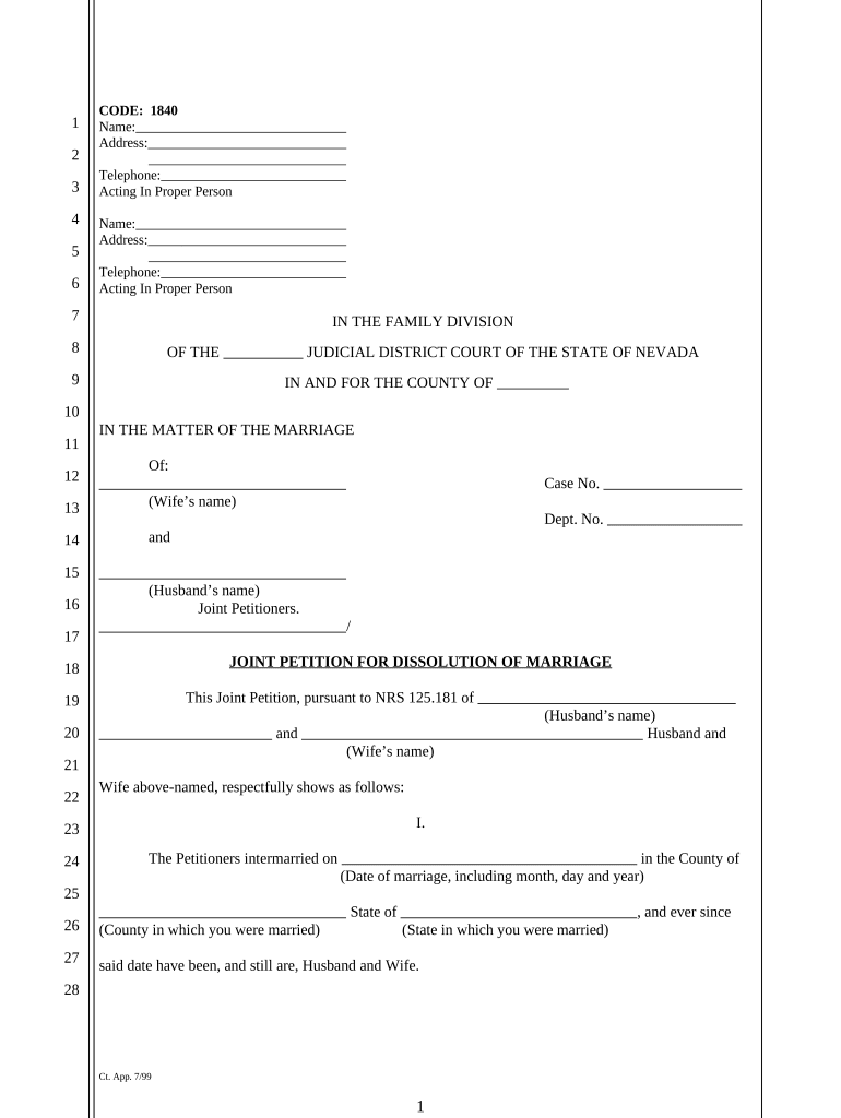 Nv Petition Divorce Doc Template PdfFiller