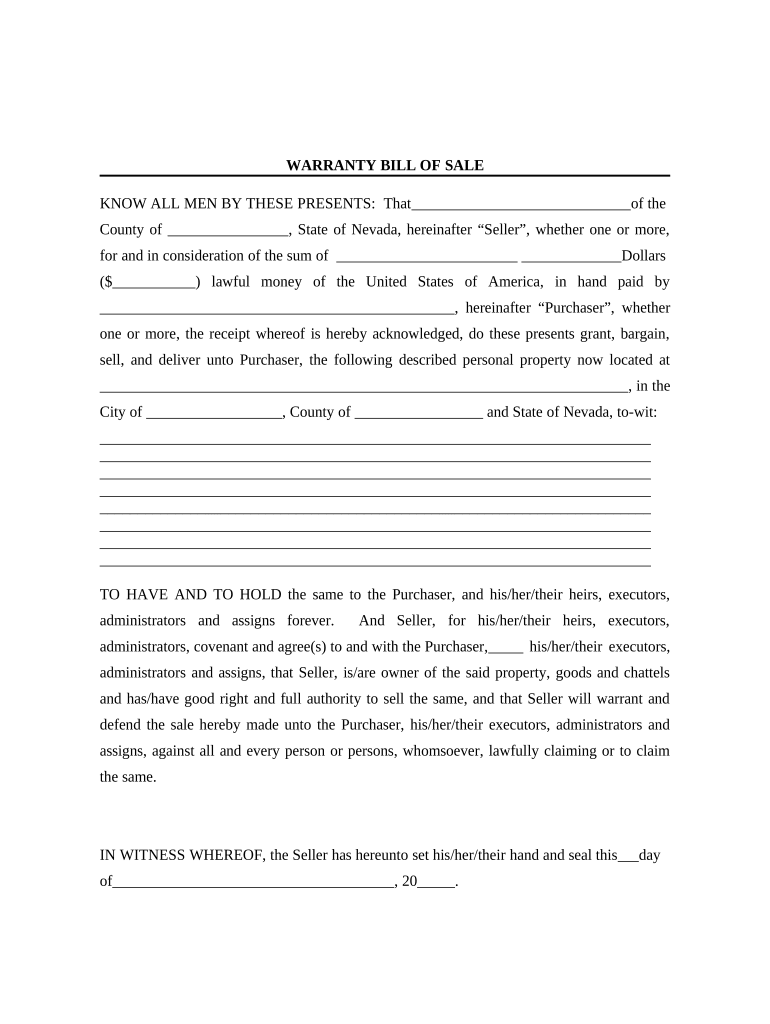 Bill of Sale with Warranty by Individual Seller - Nevada Preview on Page 1