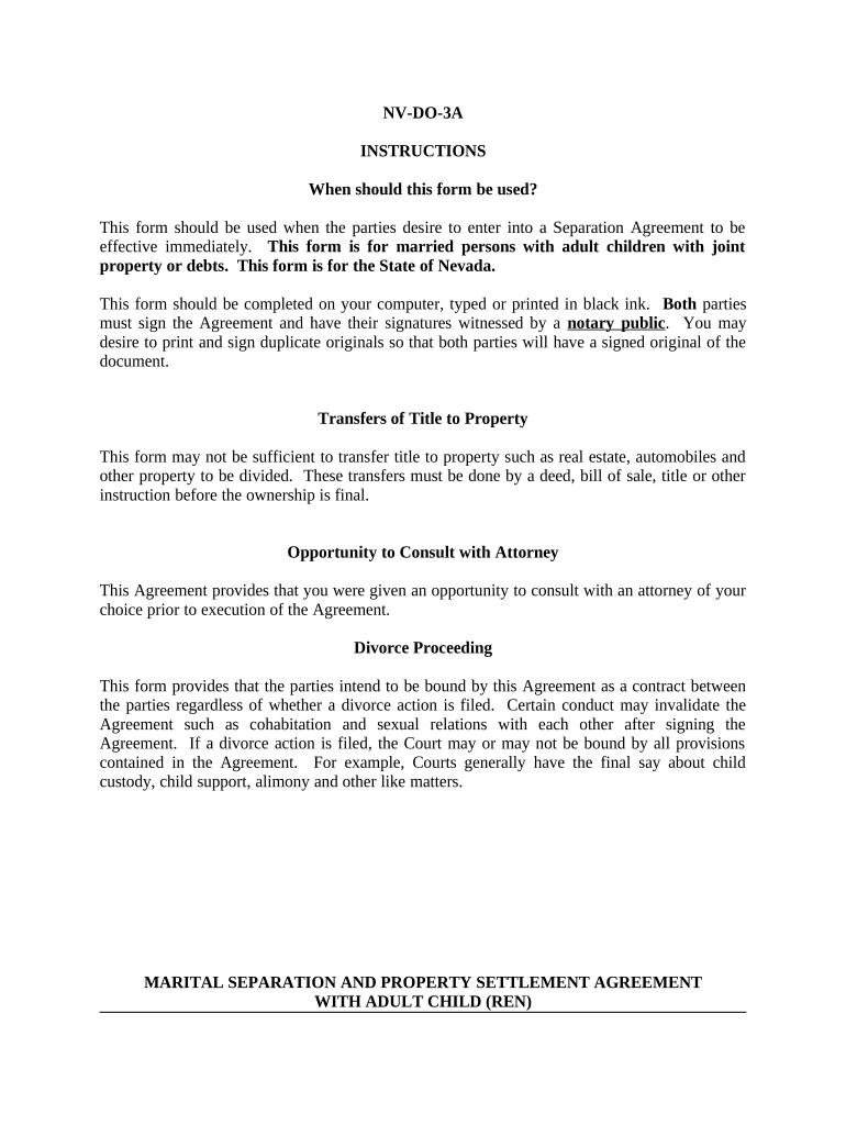 Marital Domestic Separation and Property Settlement Agreement Adult Children Parties May have Joint Property or Debts effective Immediately - Nevada Preview on Page 1