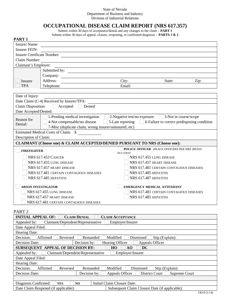 Occupational Disease Claim Report - Nevada Preview on Page 1