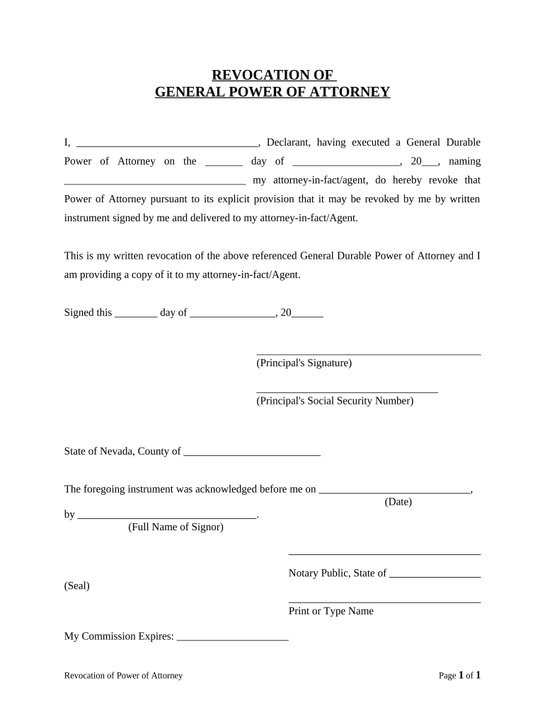 Revocation of General Durable Power of Attorney - Nevada Preview on Page 1.